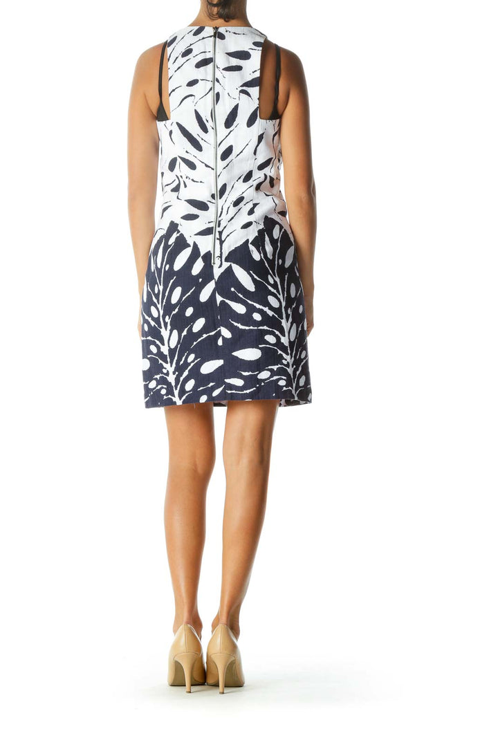 Blue White Print Textured Round Neck Day Dress