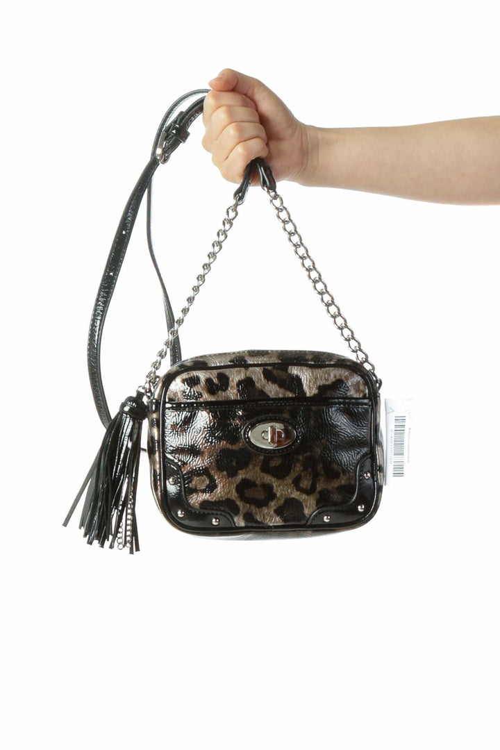 Black Brown Shiny Leopard Print Crossbody Bag with Tassel