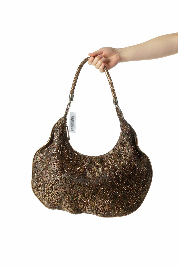 Gold Black Sequined Pattern Printed Hardware Strap Shoulder Bag