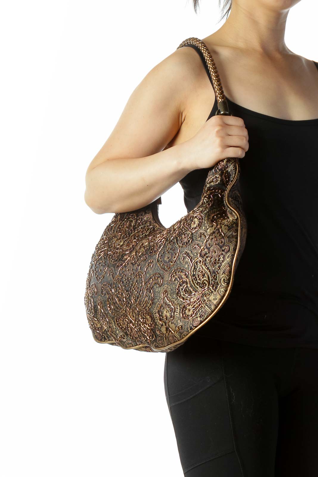 Gold Black Sequined Pattern Printed Hardware Strap Shoulder Bag