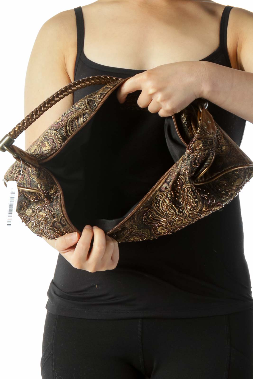 Gold Black Sequined Pattern Printed Hardware Strap Shoulder Bag