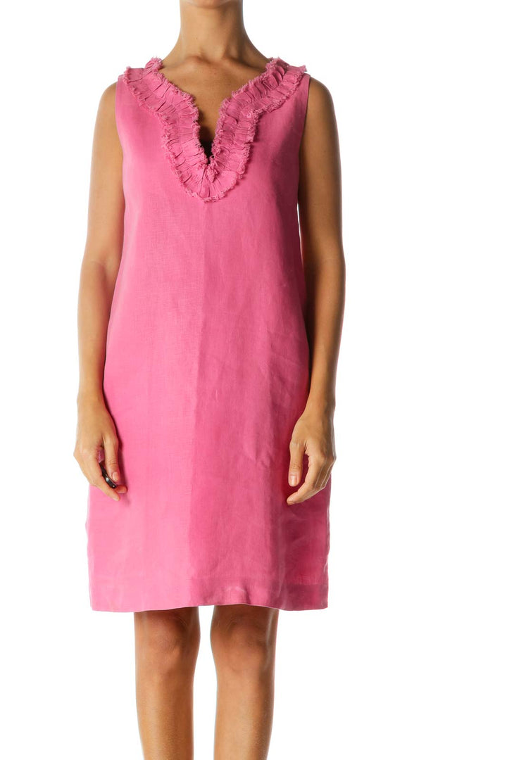 Pink Linen Cotton Ruffled Raw Hem Neckline Accent Dress