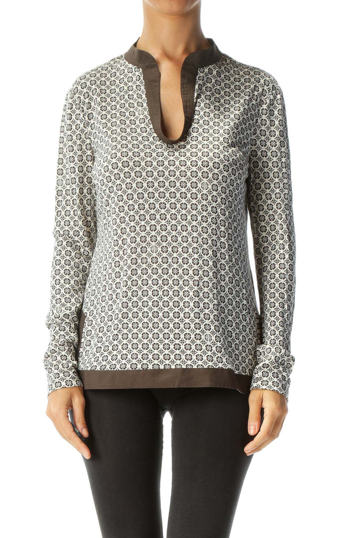 Brown Cream Print Scoop Neck Long Sleeve Top