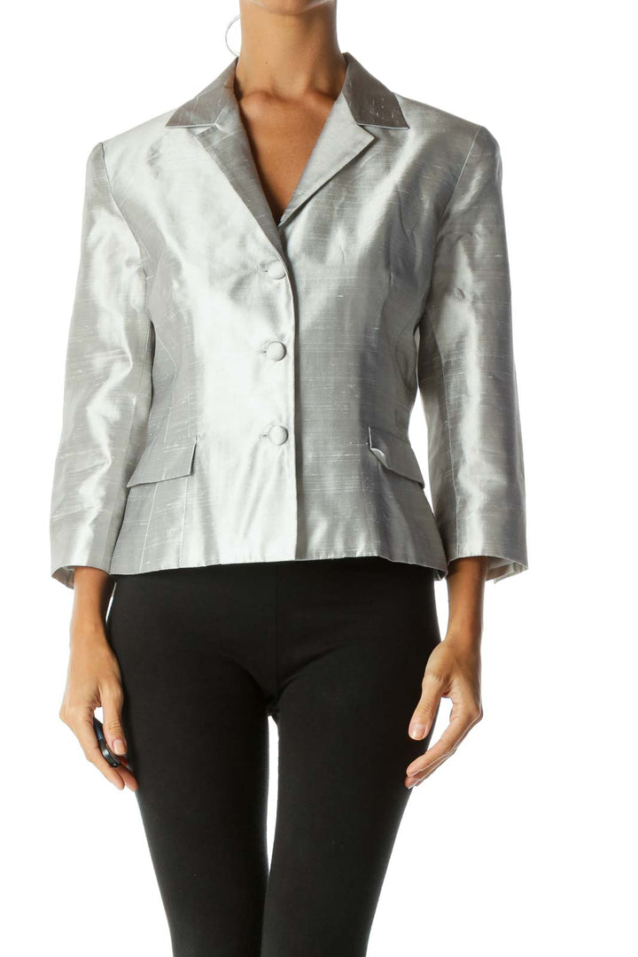 Silver Textured Fabric Buttoned Padded Shoulders Shiny Blazer