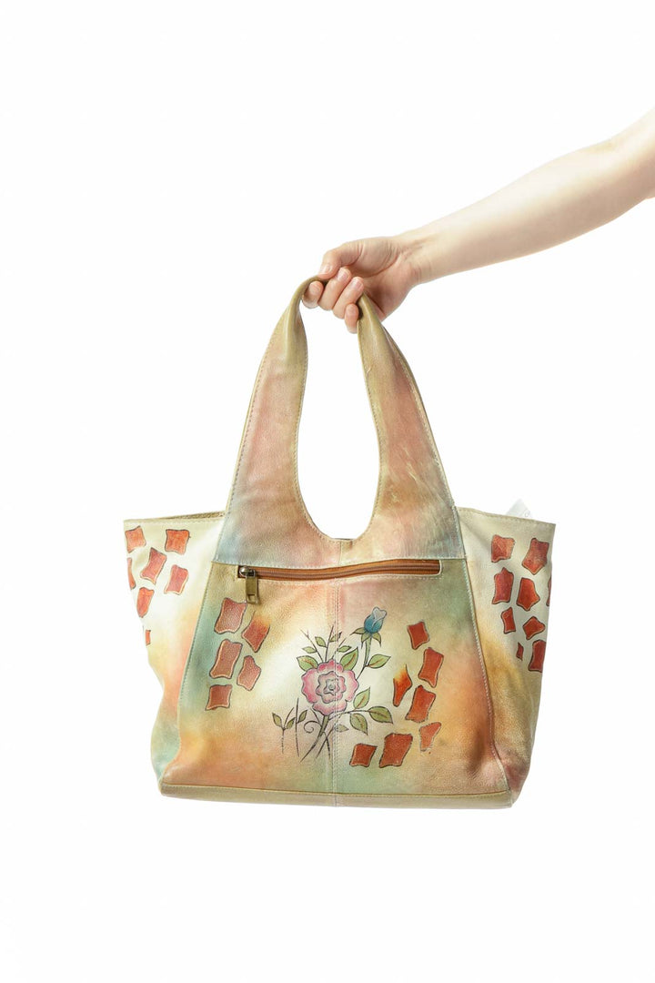 Beige Floral Vintage Leather Tote Bag