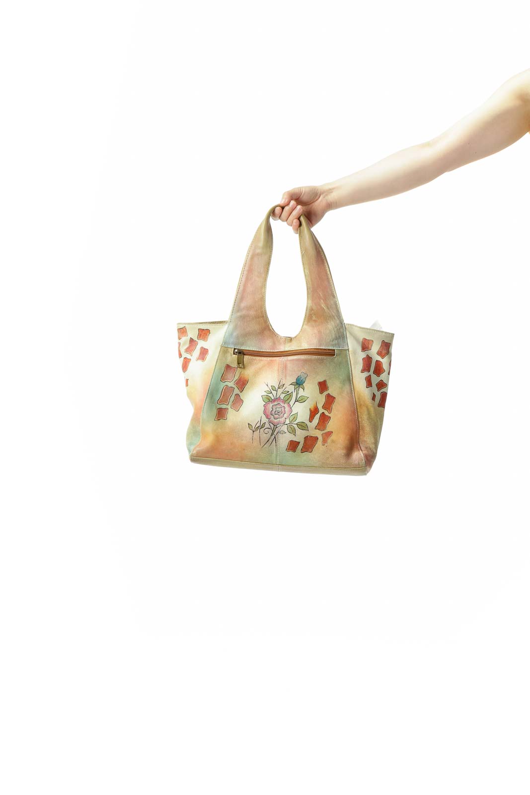 Beige Floral Vintage Leather Tote Bag