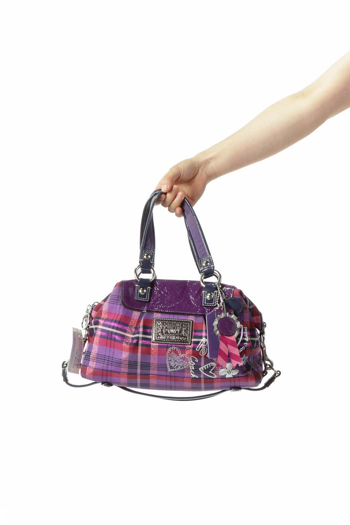 Purple Pink Blue Silver Plaid Patent Leather "Poppy" Brand Writing Three Straps Shoulder Bag