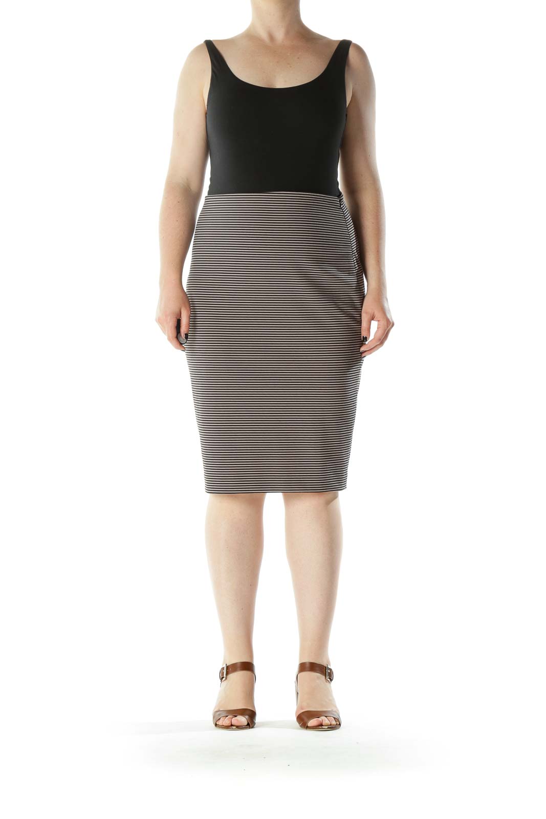 Beige Black Striped Stretch Side Zipper Pencil Skirt