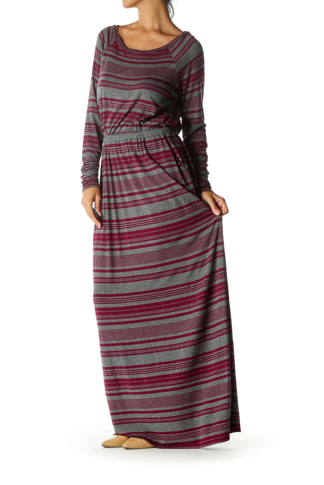 Gray Pink Stripe Maxi Day Dress