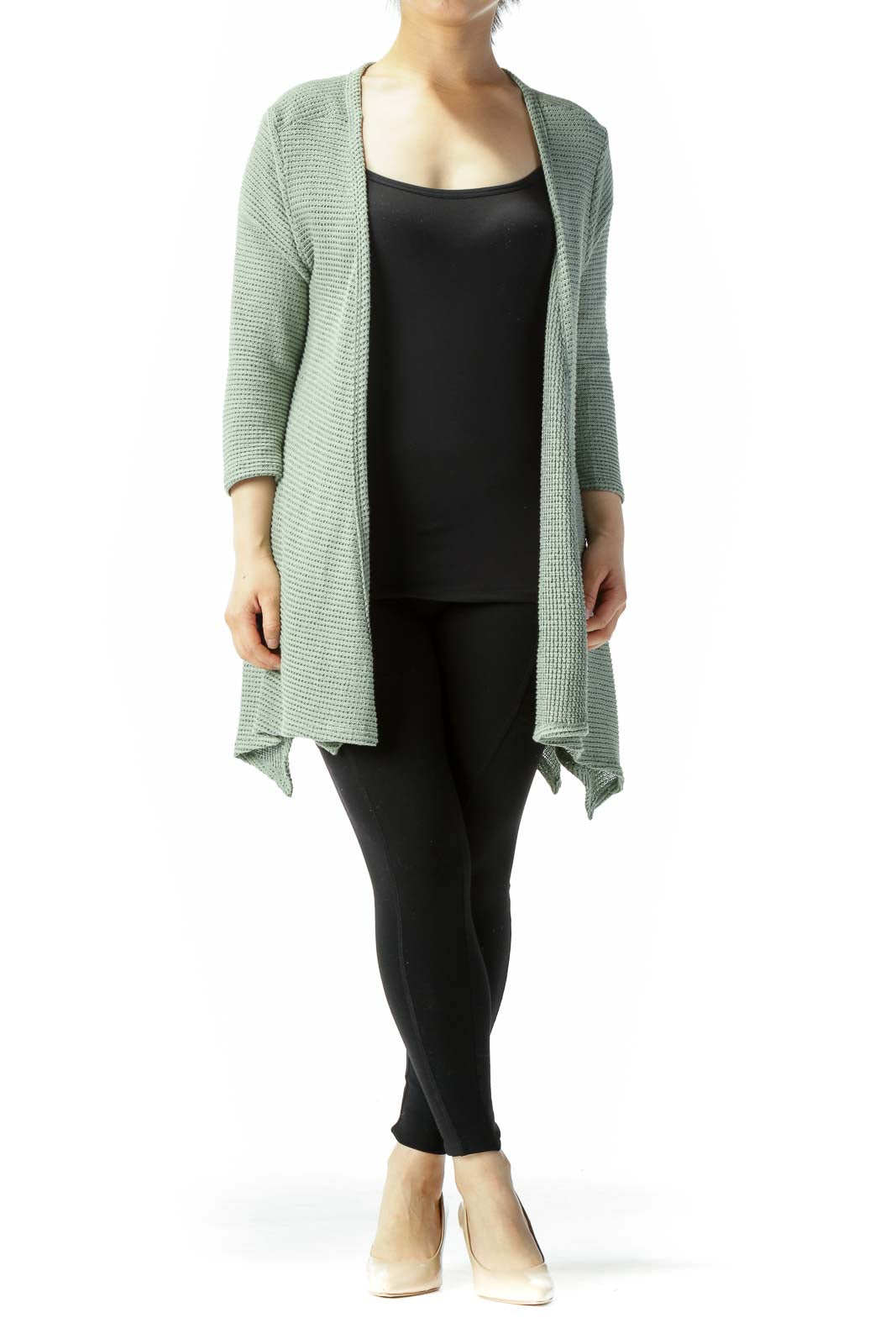 Light Green Back Buttons 3/4-Sleeve Knit Stretch Cardigan