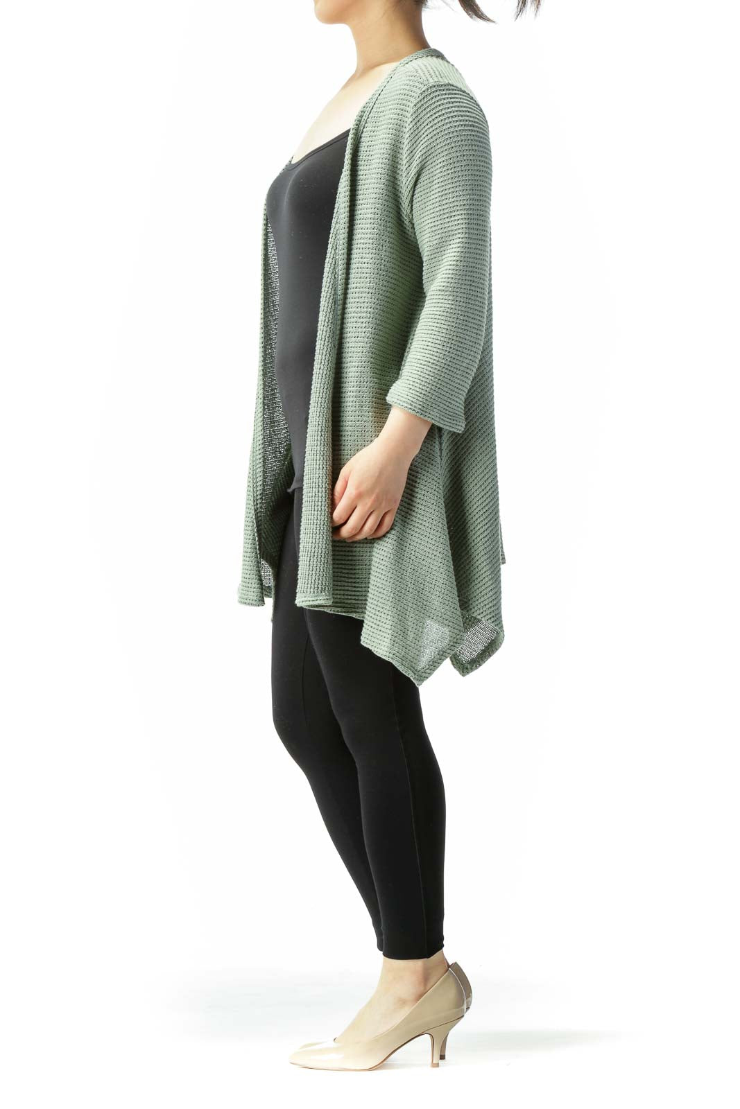 Light Green Back Buttons 3/4-Sleeve Knit Stretch Cardigan