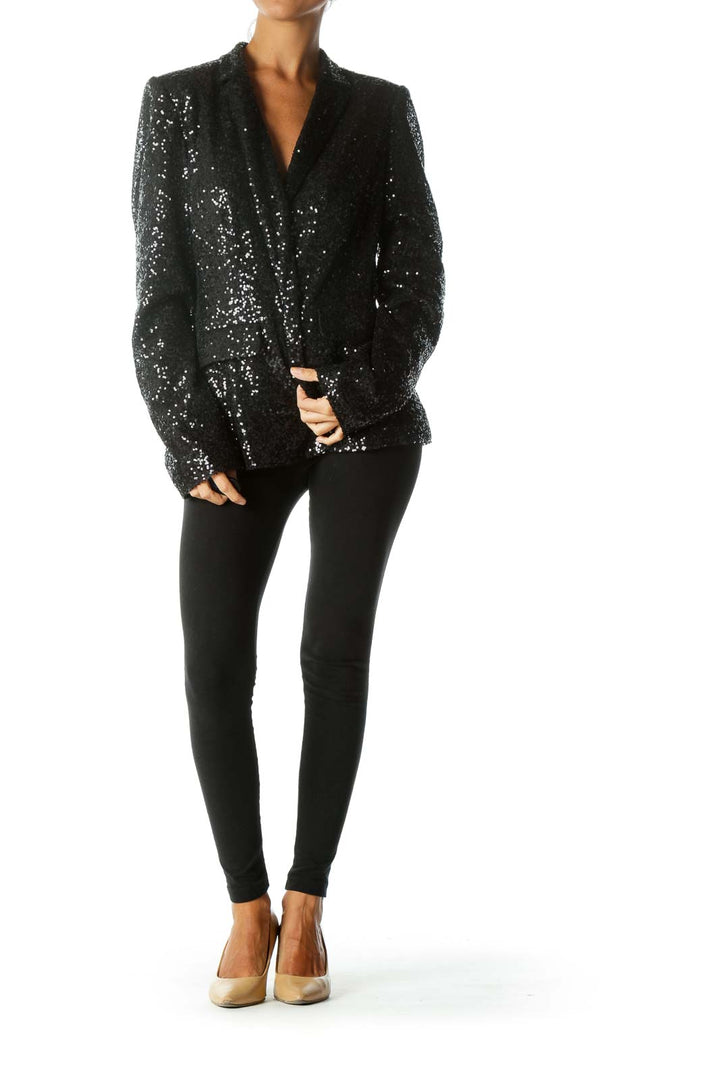 Black Sequined Body Collared Padded Shoulders Blazer