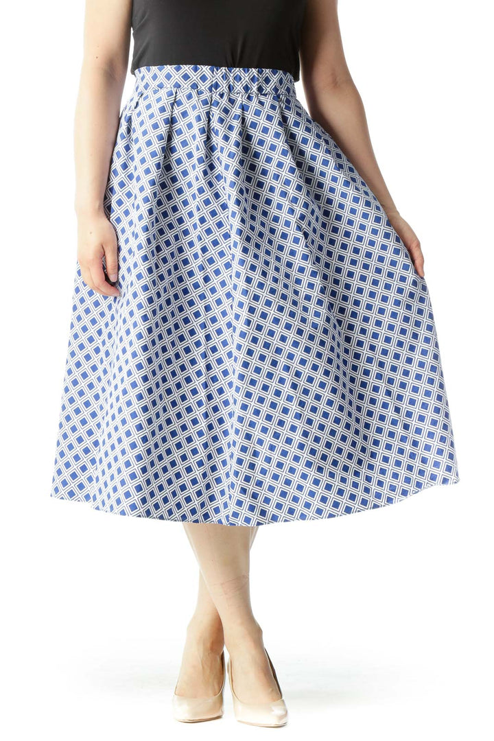 Blue White Cotton Geometric Print Elastic Waist Band Flared Skirt