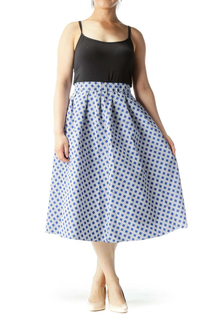 Blue White Cotton Geometric Print Elastic Waist Band Flared Skirt