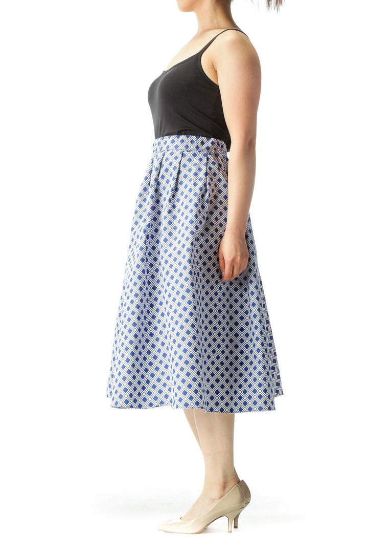 Blue White Cotton Geometric Print Elastic Waist Band Flared Skirt