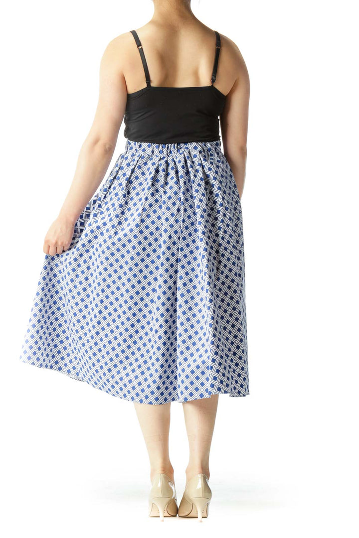 Blue White Cotton Geometric Print Elastic Waist Band Flared Skirt