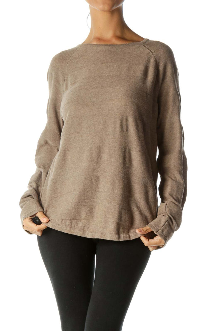 Beige Raised-Textured-Thick-Stripes Detail 100% Cotton Pull-On Sweater