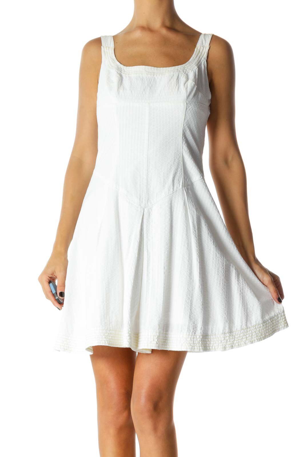 Front view of white textured sleeveless mini dress from Free People