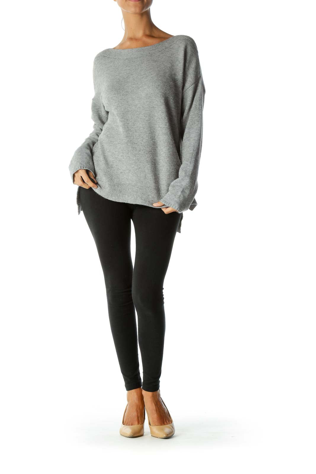 Gray Boat Neck Soft Stretch Pull-On Sweater