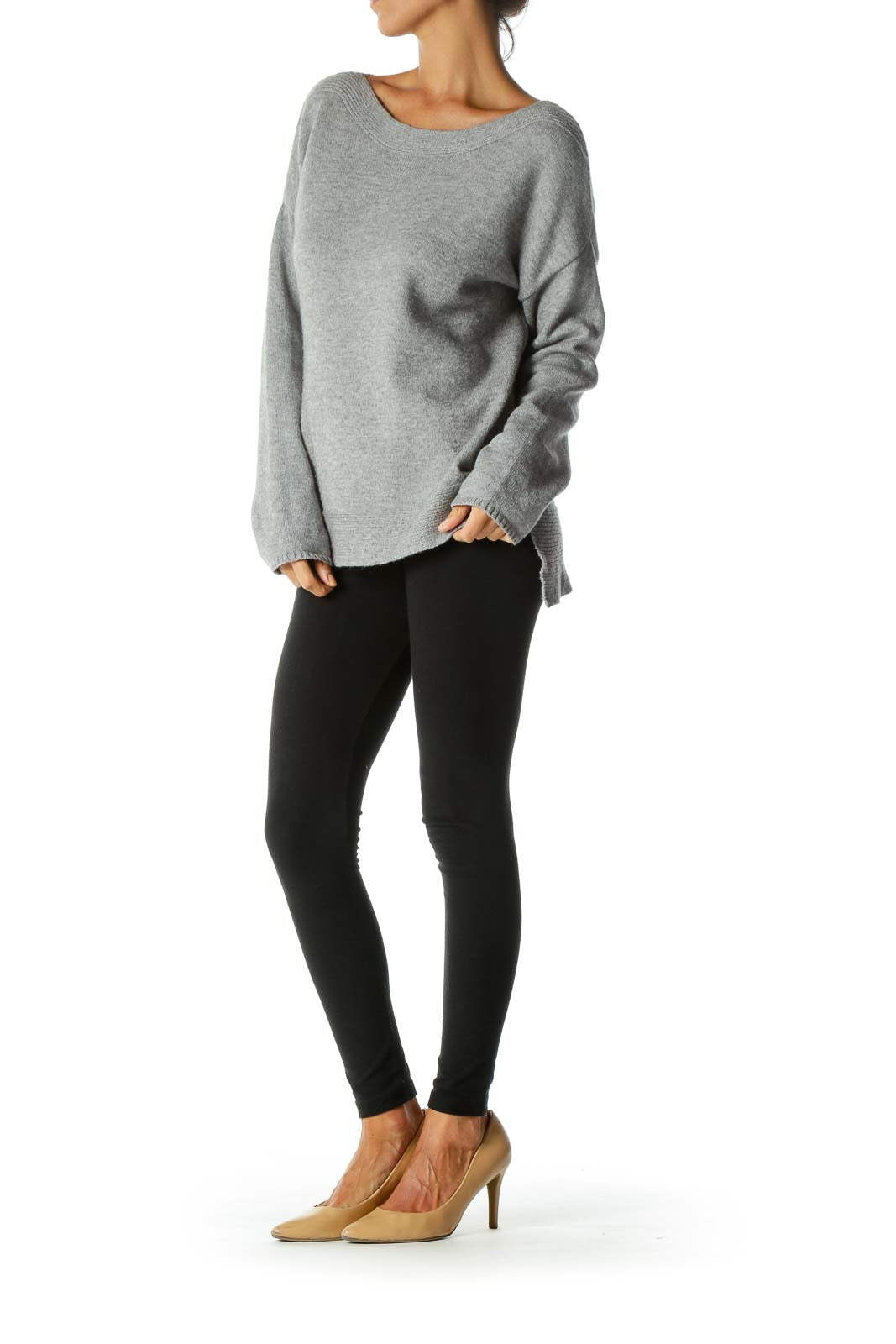 Gray Boat Neck Soft Stretch Pull-On Sweater