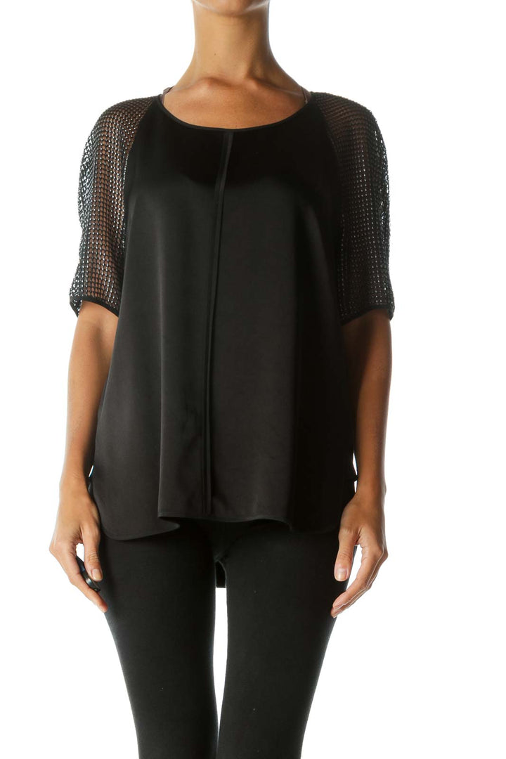 Black Silver See-Through-Short-Sleeves Soft Silk Blend Top