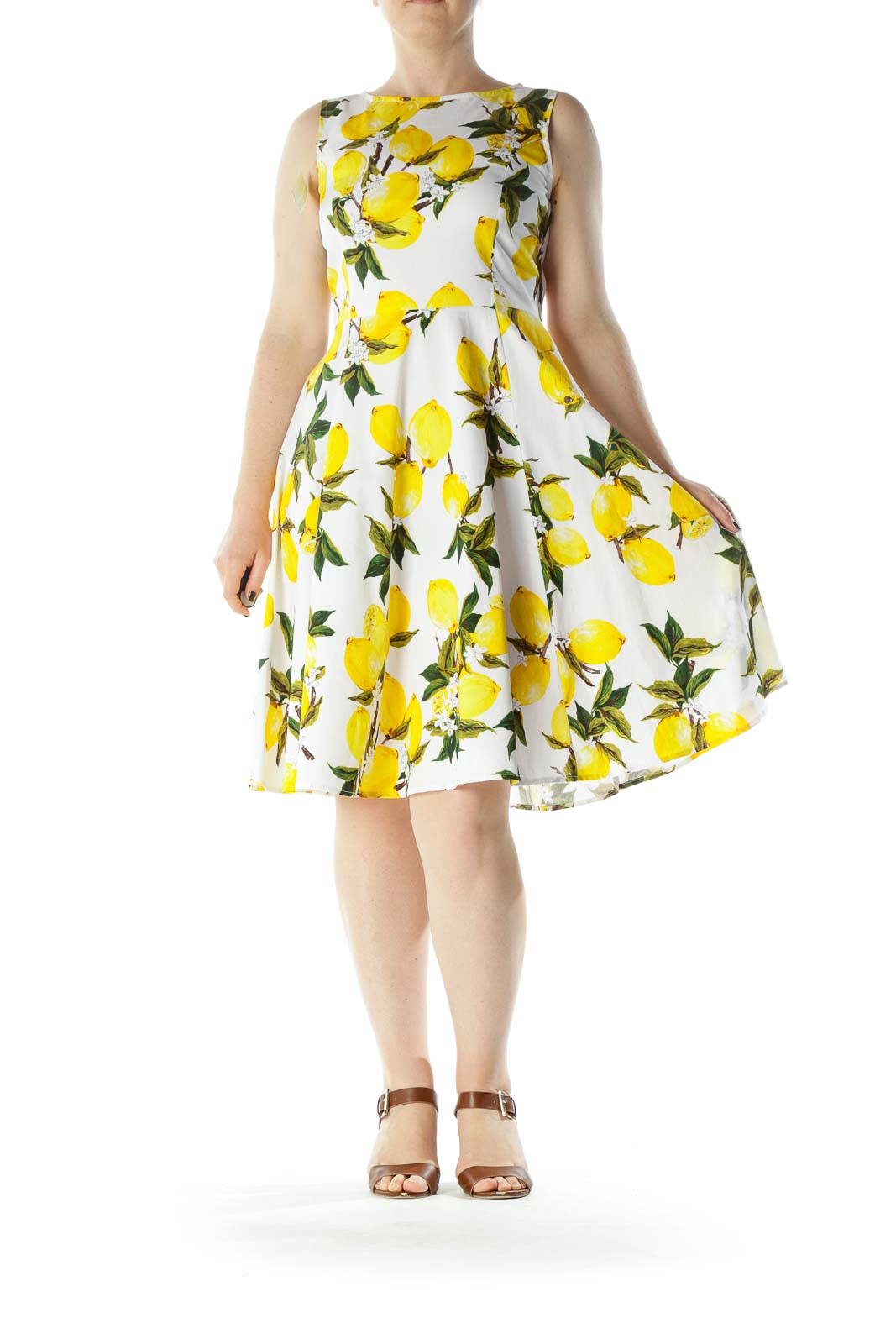 White Yellow Green Lemon Print Cotton Day Dress