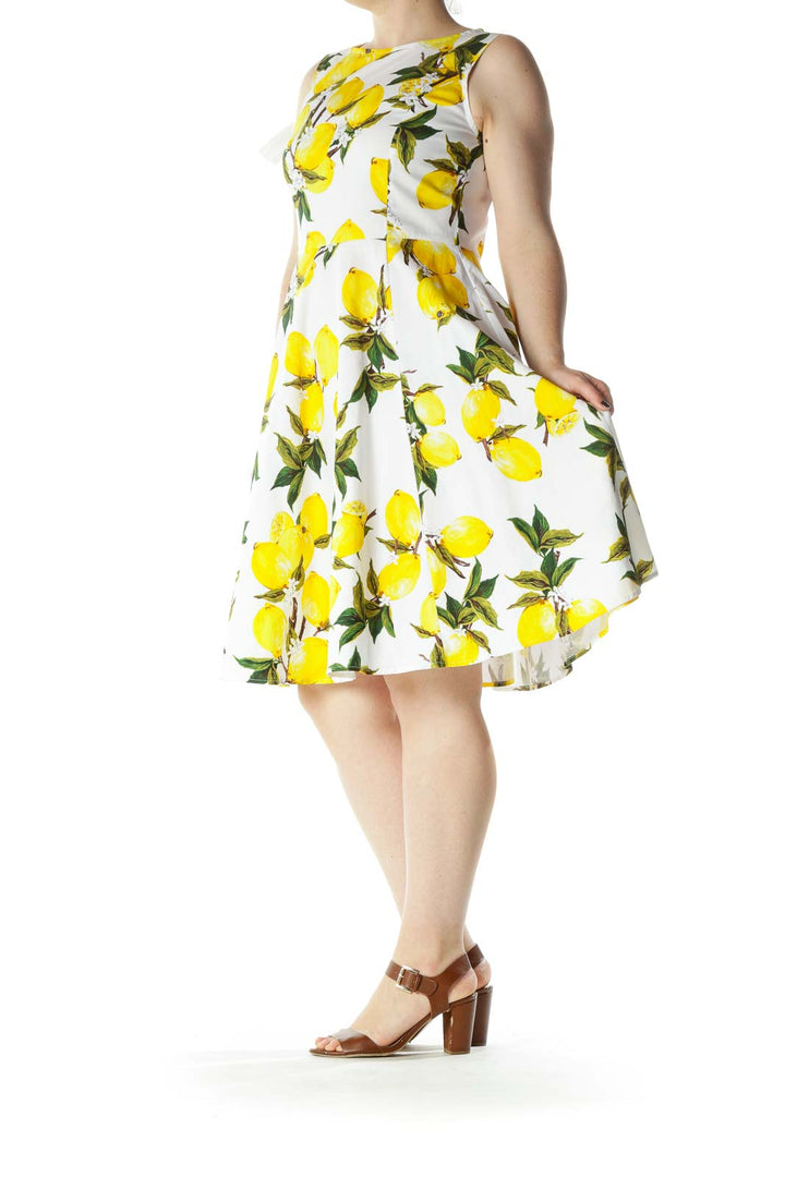 White Yellow Green Lemon Print Cotton Day Dress