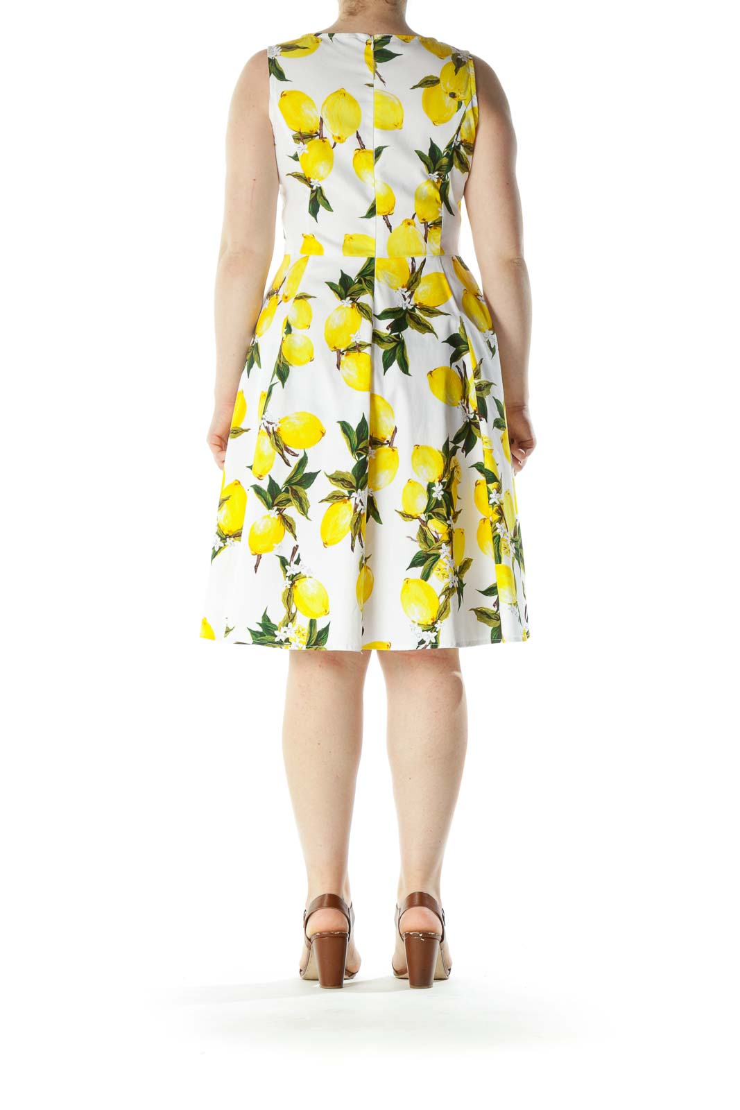 White Yellow Green Lemon Print Cotton Day Dress