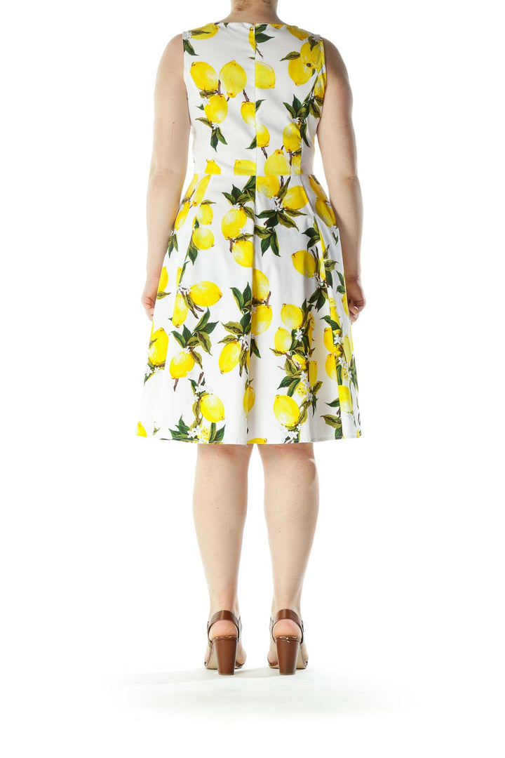 White Yellow Green Lemon Print Cotton Day Dress