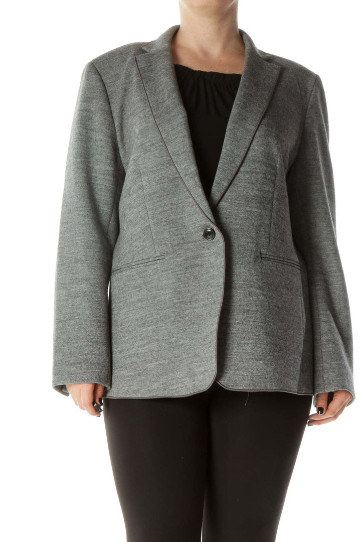 Gray Wool Cotton Blend Collared Single Button Blazer