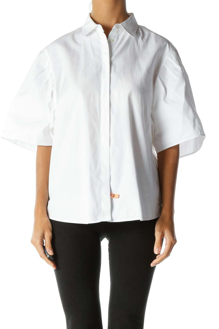 White 100% Cotton Buttoned Pleated-Detailing Short-Sleeve Shirt