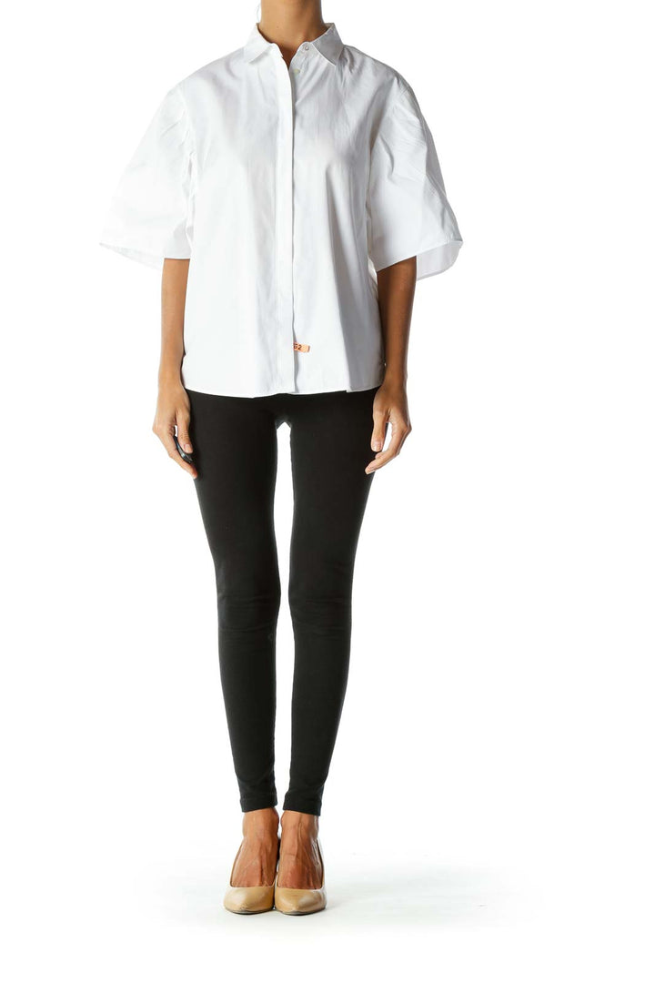 White 100% Cotton Buttoned Pleated-Detailing Short-Sleeve Shirt