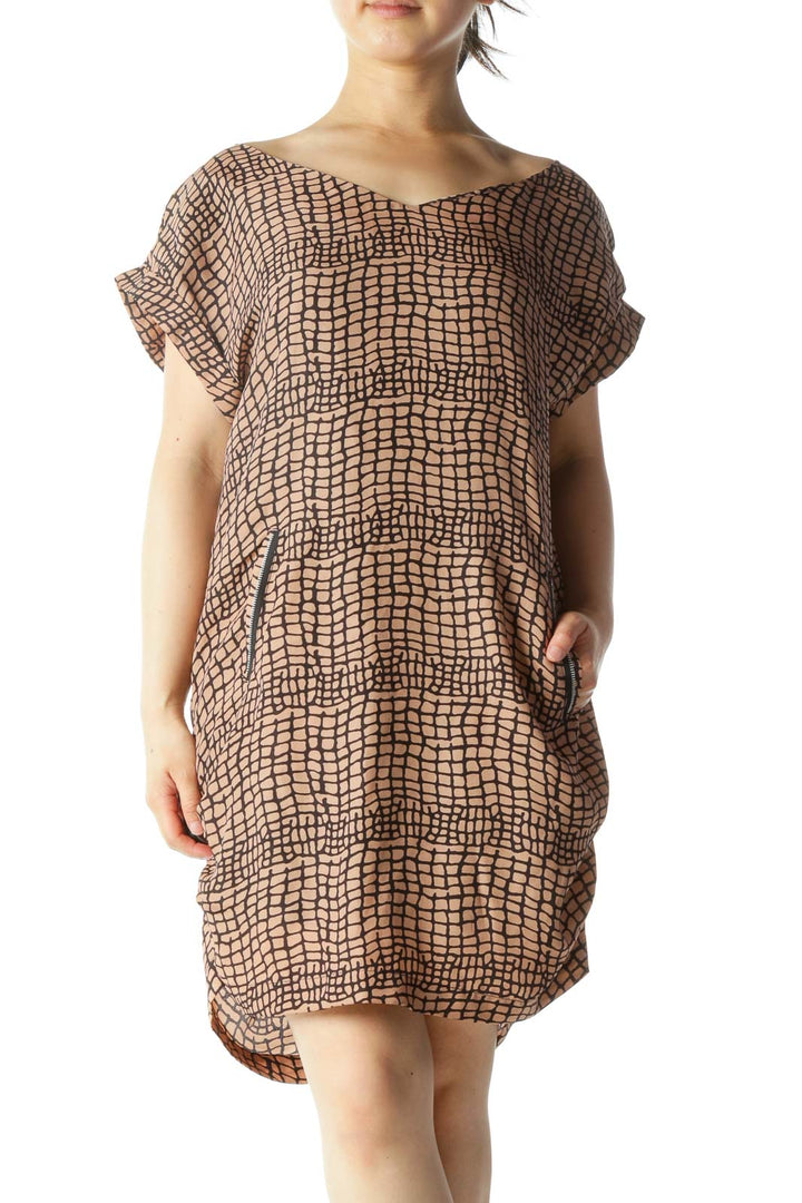 Light Peach Black Short Sleeve Crocodile Print Zipper Accents Dress