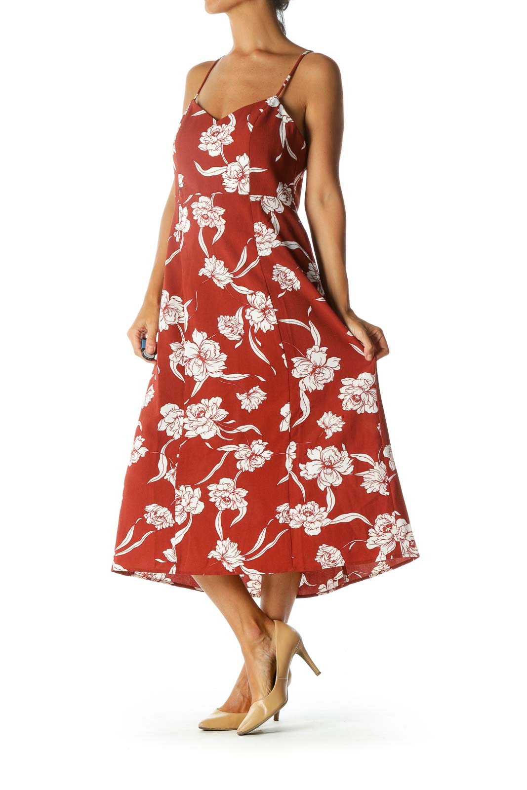 Brick Orange White Floral-Print V-Neck Spaghetti Straps Day Dress