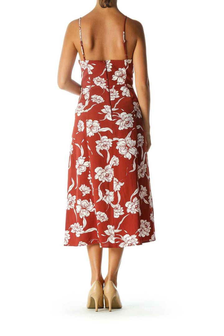 Brick Orange White Floral-Print V-Neck Spaghetti Straps Day Dress