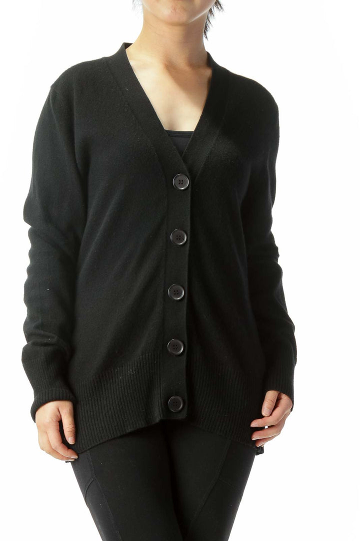 Black Cotton Cashmere Blend Buttoned Long Sleeve Cardigan