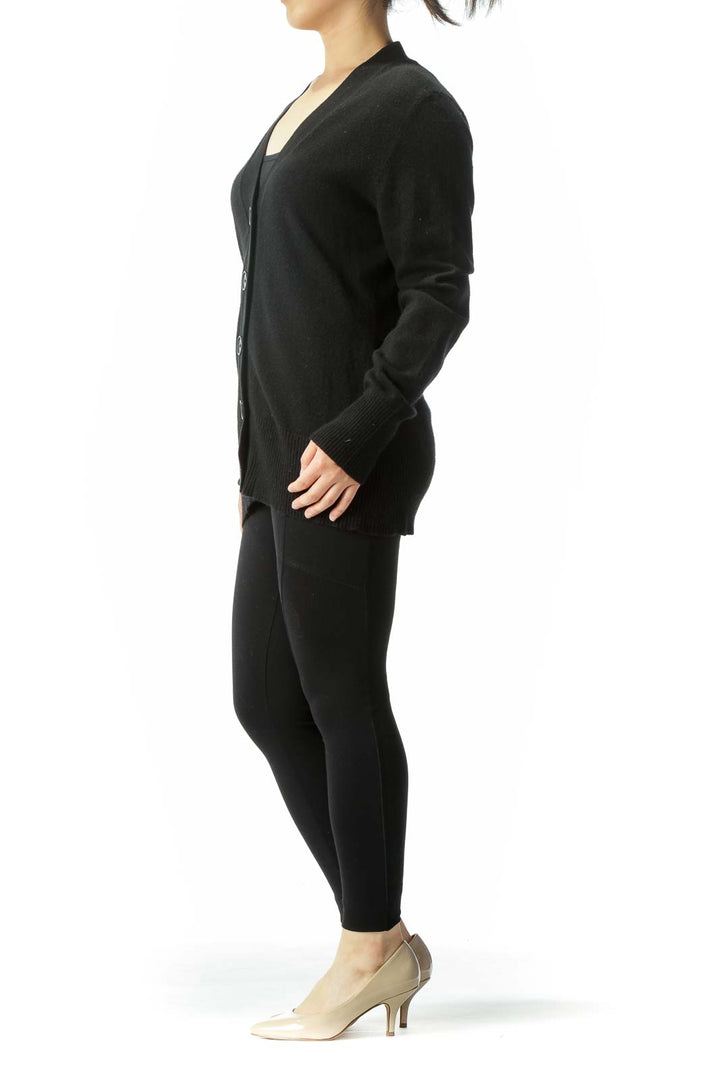 Black Cotton Cashmere Blend Buttoned Long Sleeve Cardigan