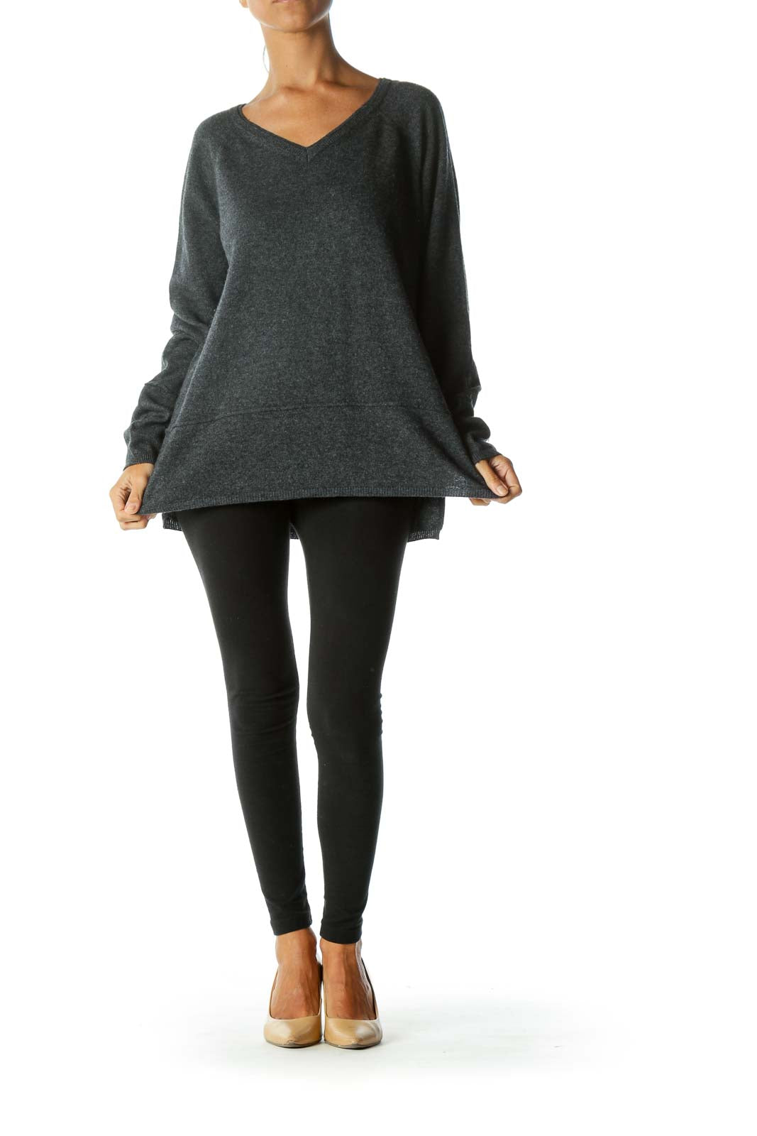 Dark Gray V-Neck 100% Cashmere Raised Seam Detail Sweater