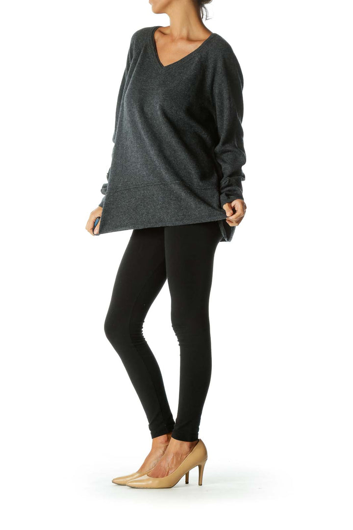 Dark Gray V-Neck 100% Cashmere Raised Seam Detail Sweater