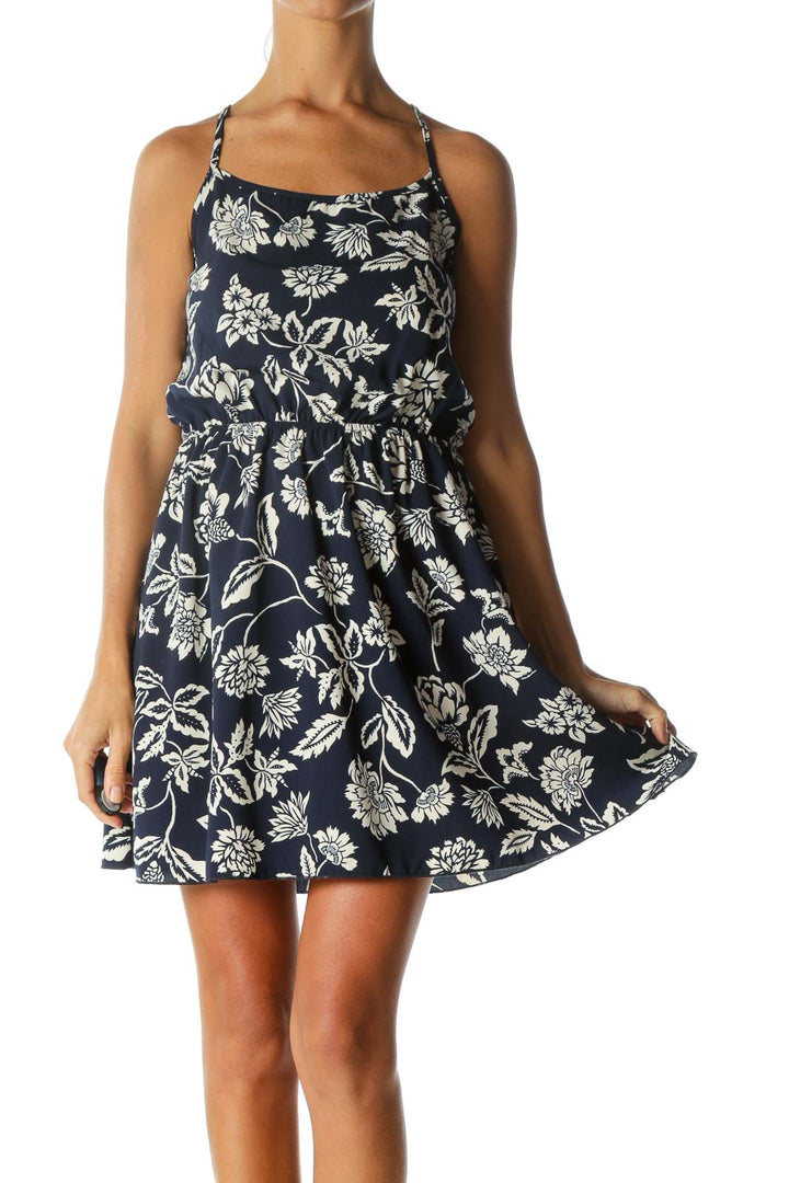 Navy Floral Low Back Day Dress