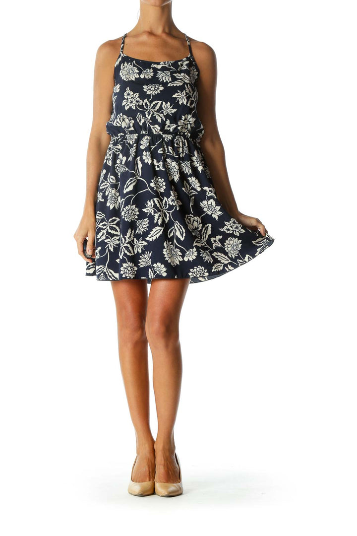 Navy Floral Low Back Day Dress