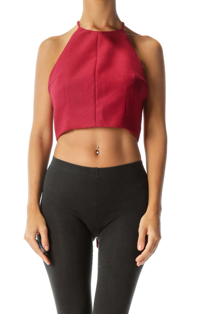 Burgundy Textured High-Neck Open Back Crop Top