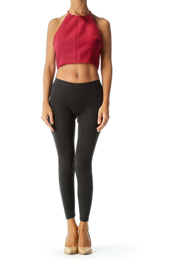 Burgundy Textured High-Neck Open Back Crop Top