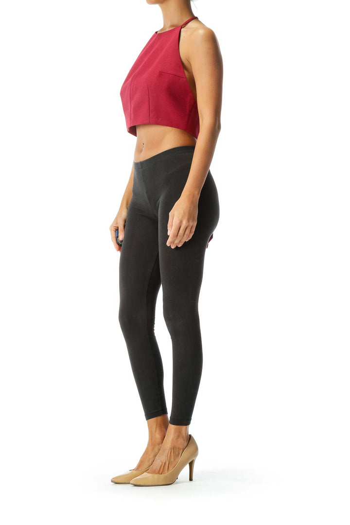 Burgundy Textured High-Neck Open Back Crop Top