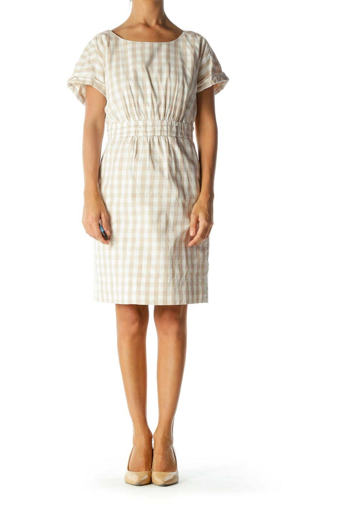 Beige Cream Gingham Short Sleeve Pleated Pocketed Dress