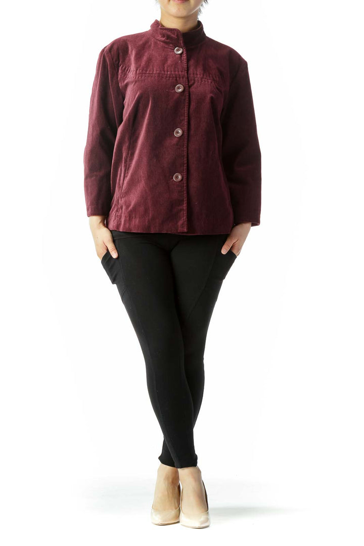 Burgundy Faux-Velvet Pocketed High-Neck Jacket