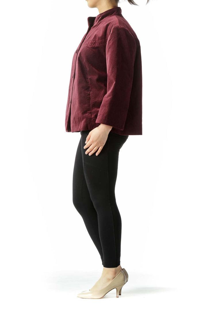 Burgundy Faux-Velvet Pocketed High-Neck Jacket