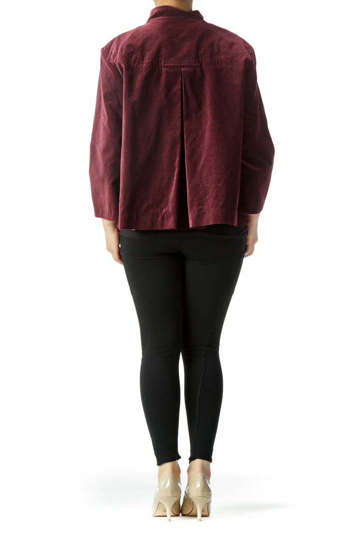 Burgundy Faux-Velvet Pocketed High-Neck Jacket