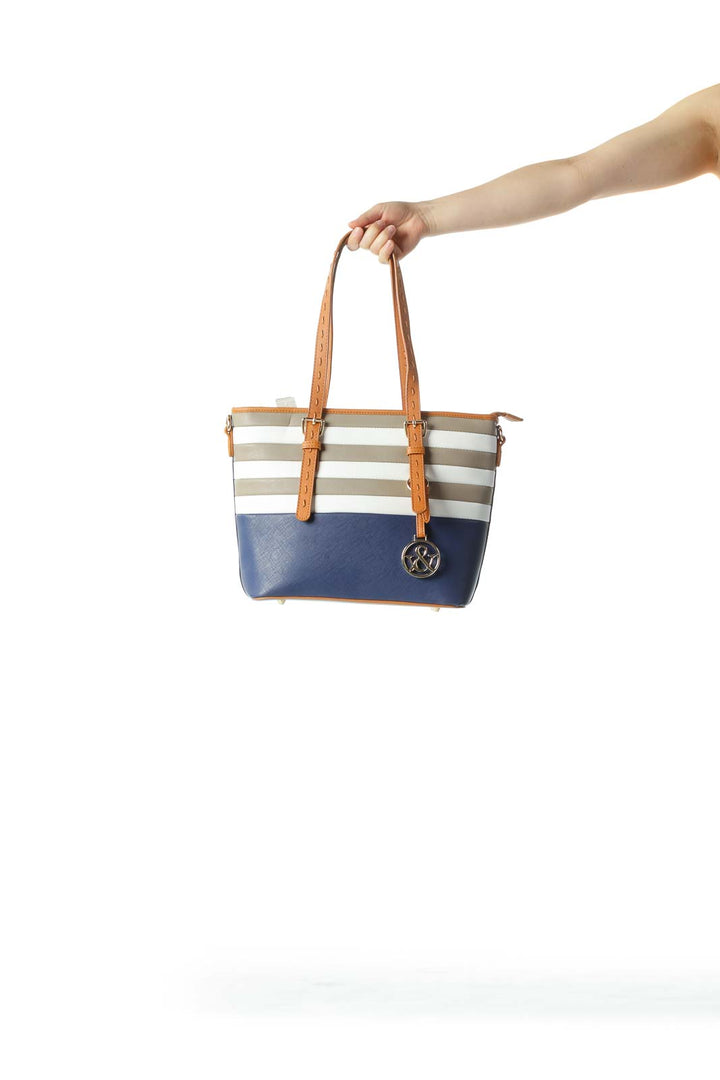 Blue White Nude Gold Hardware Zippered Medium Tote