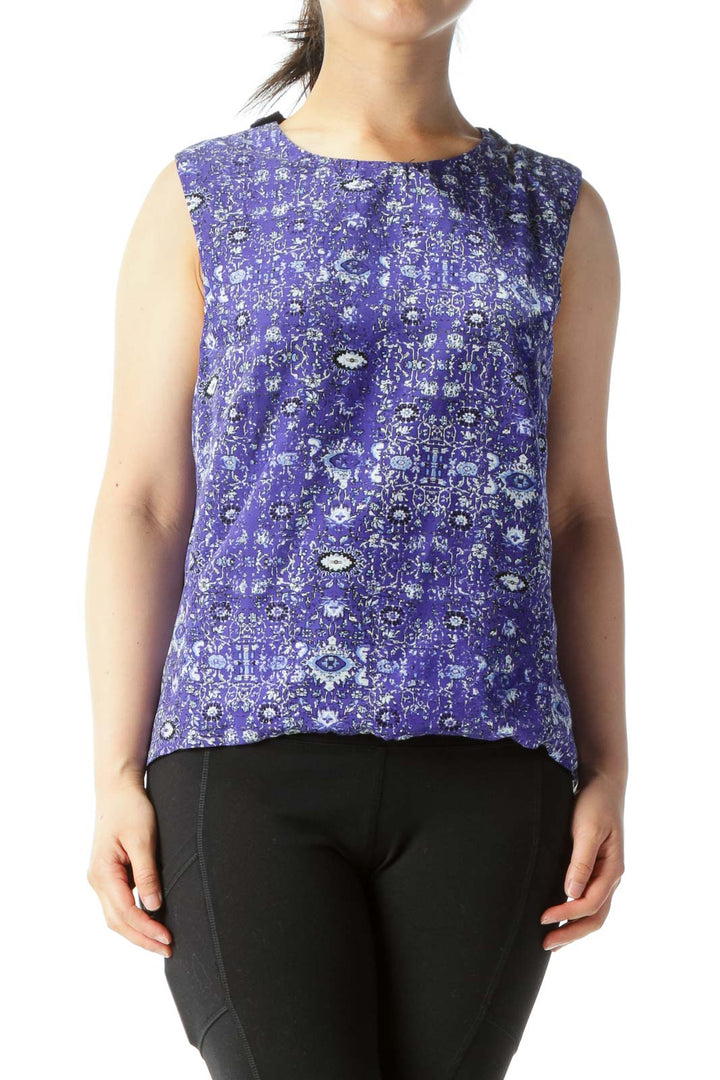 Purple Blue & Black Print Sleeveless Open-Back Blouse